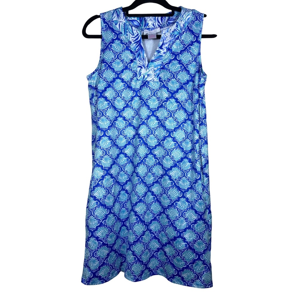 Stella Parker Blue & White Floral Sleeveless Shift Dress V-Neck Polyester Sz L